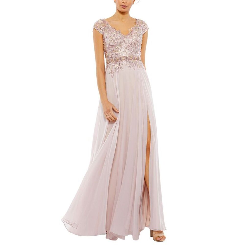 Mac Duggal Womens  Embellished Cap Sleeve Bodice Flowy Gown
